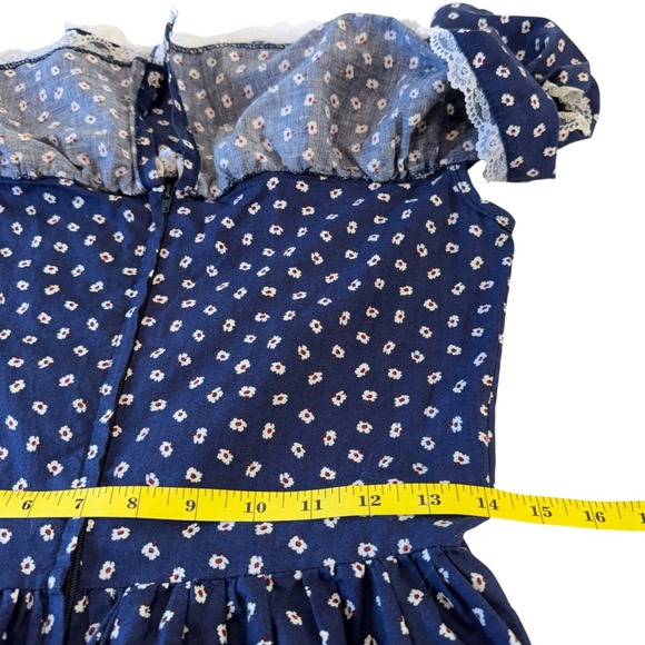 Vintage Berkertex Navy Floral Calico Print Cotton Prairie Lace Ruffle Dress 14 - Picture 9 of 12